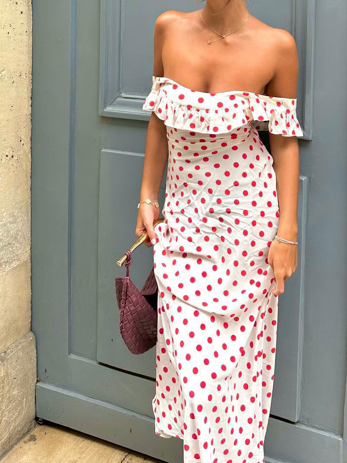 Semi-Sheer Polka Dot Ruffle Hem Off-Shoulder Long Dress