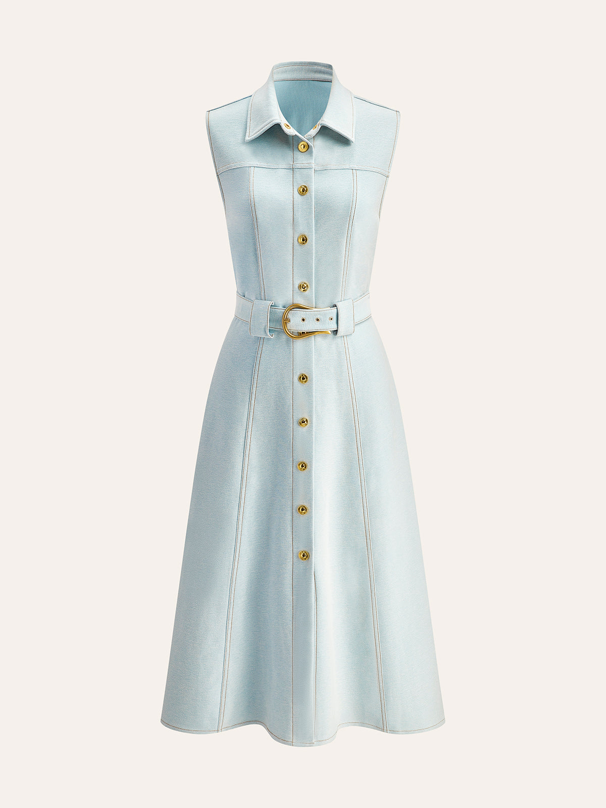 Belted Button-Front Denim Dress