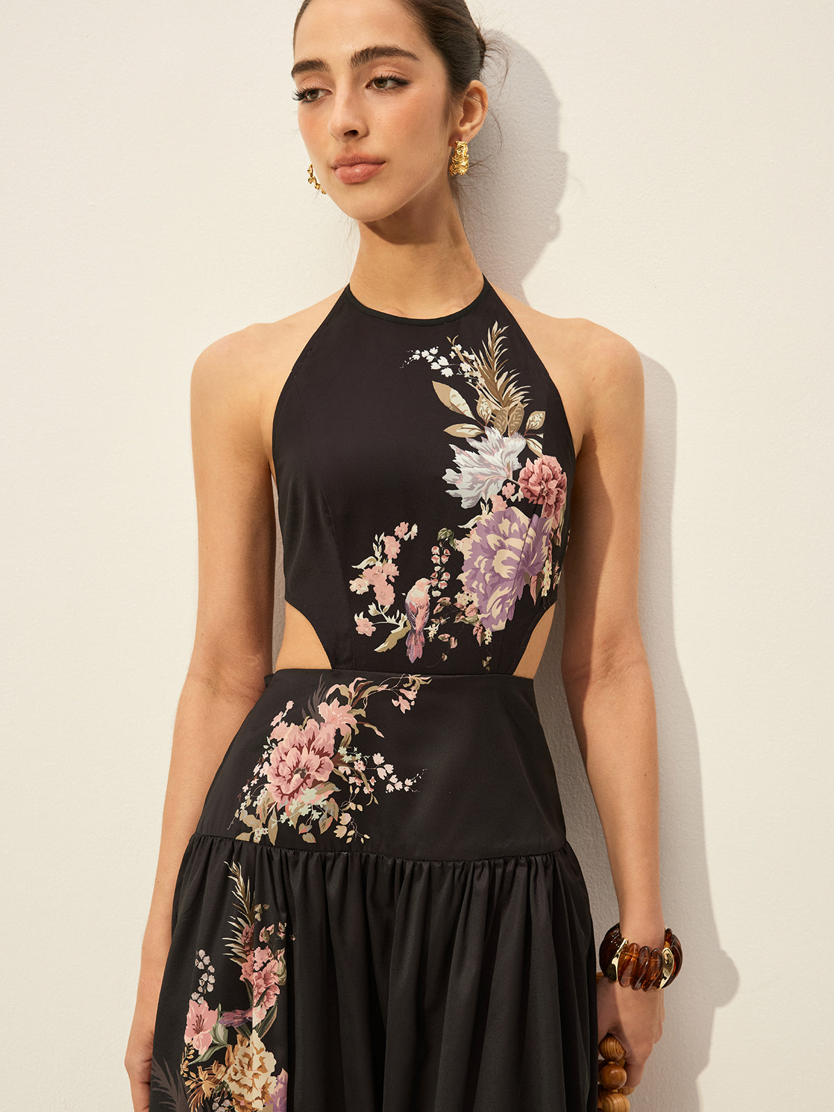 Floral Print Halter Neck Dress With Cut-Out Detail