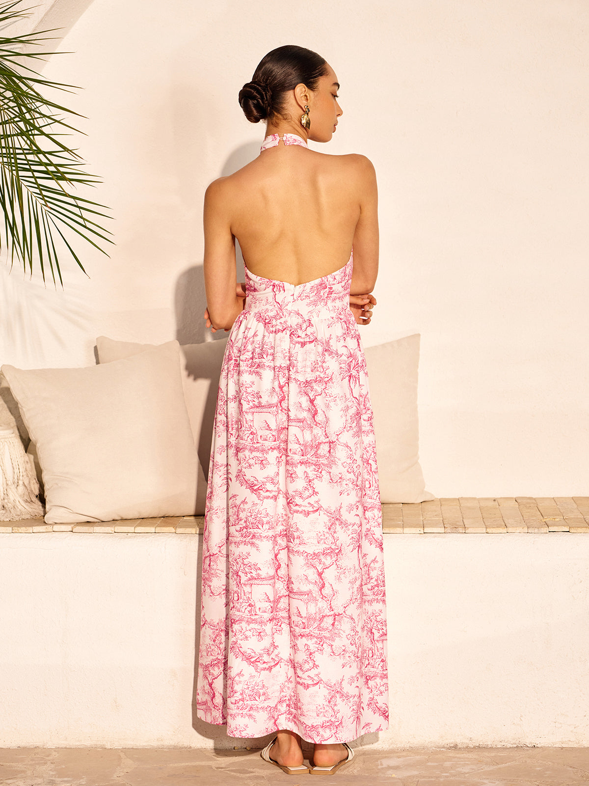 Halter Neck Printed Backless Dress With Pockets