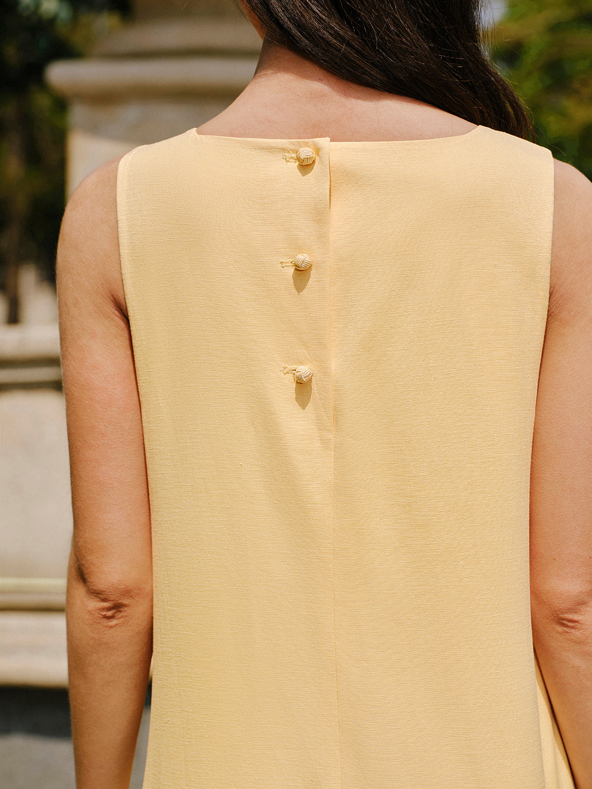 Cotton & Linen Button-Back Pocket Detail Dress