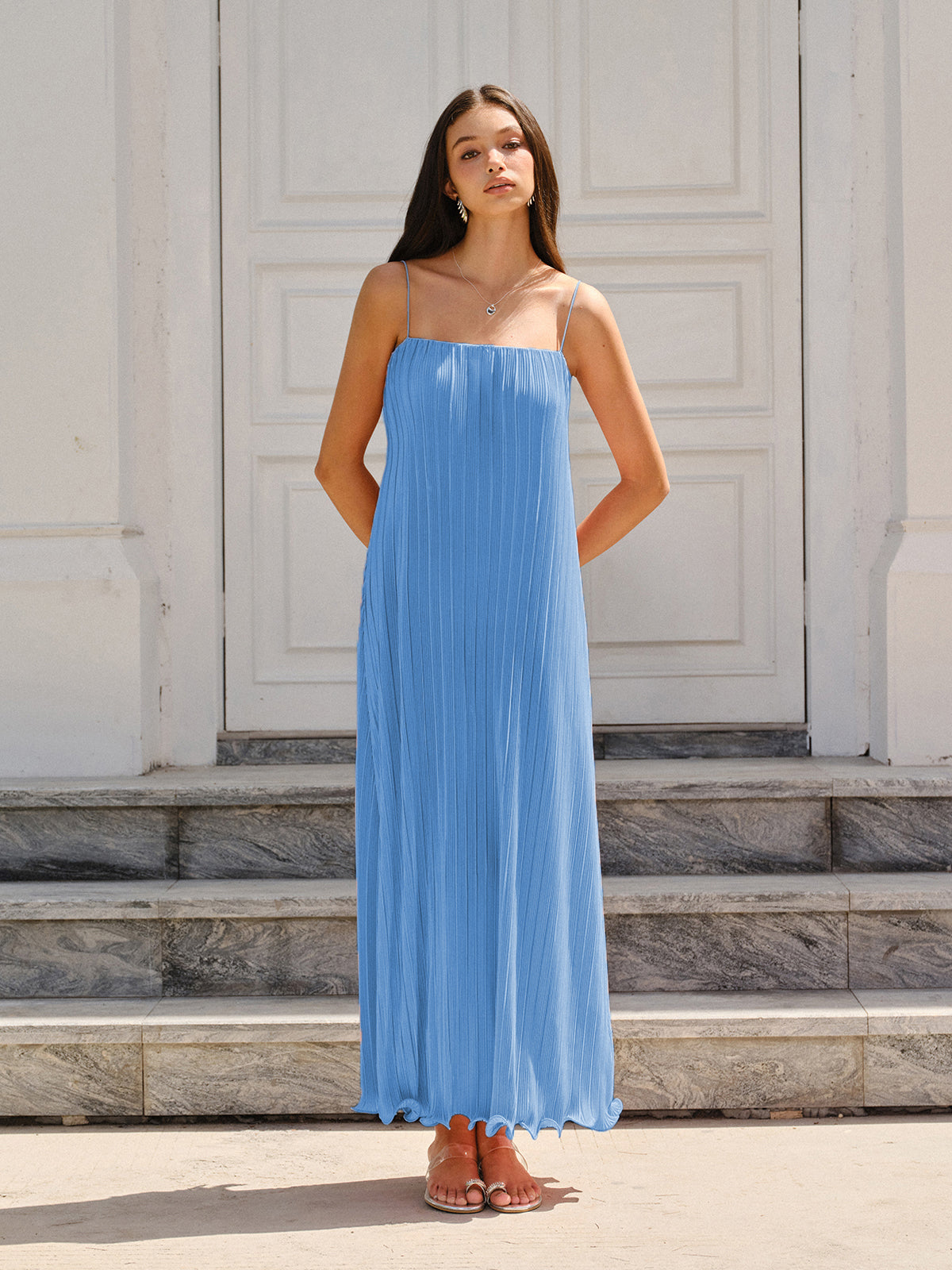 Spaghetti-Strapped Vertical-Pleated Maxi Dress