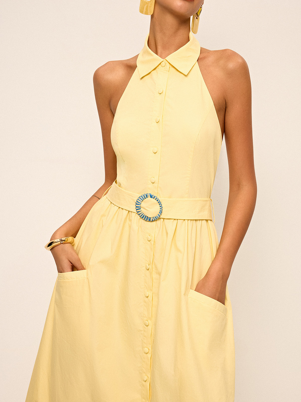 Halter Neck Backless Shirt Dress with Belt