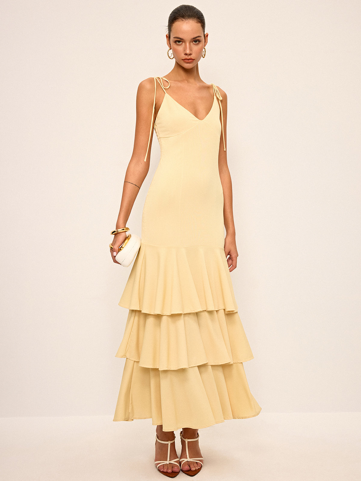 Tie-Strap Shoulder Tiered Maxi Dress