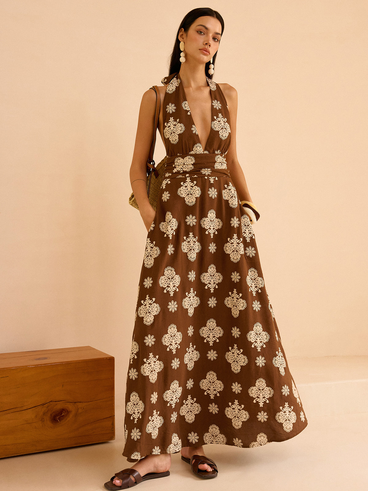 Floral Print Pocketed Halter Neck Maxi Dress