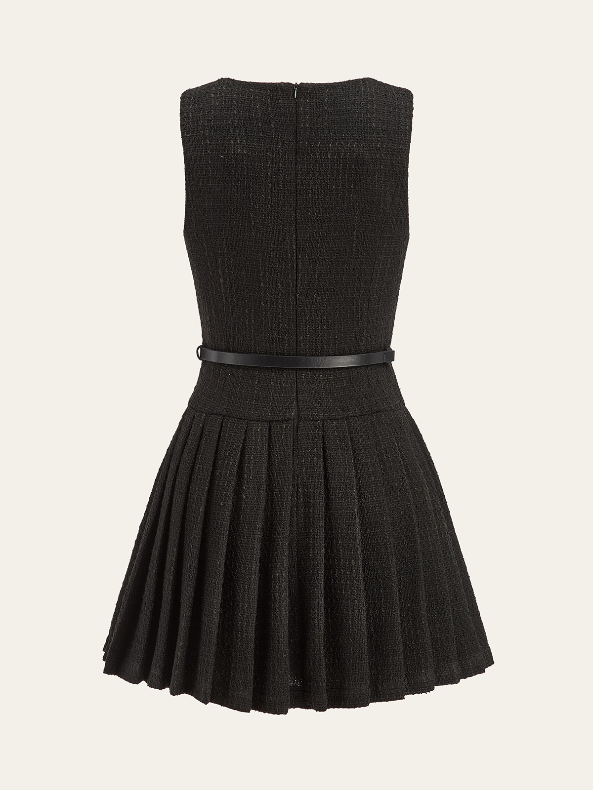 Tweed Sleeveless Pleated Mini Dress with Belt