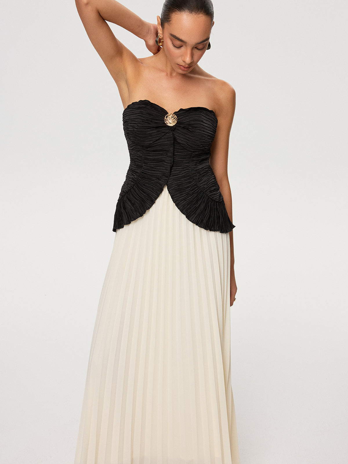 Color-Block Strapless Pleated Chiffon Maxi Dress
