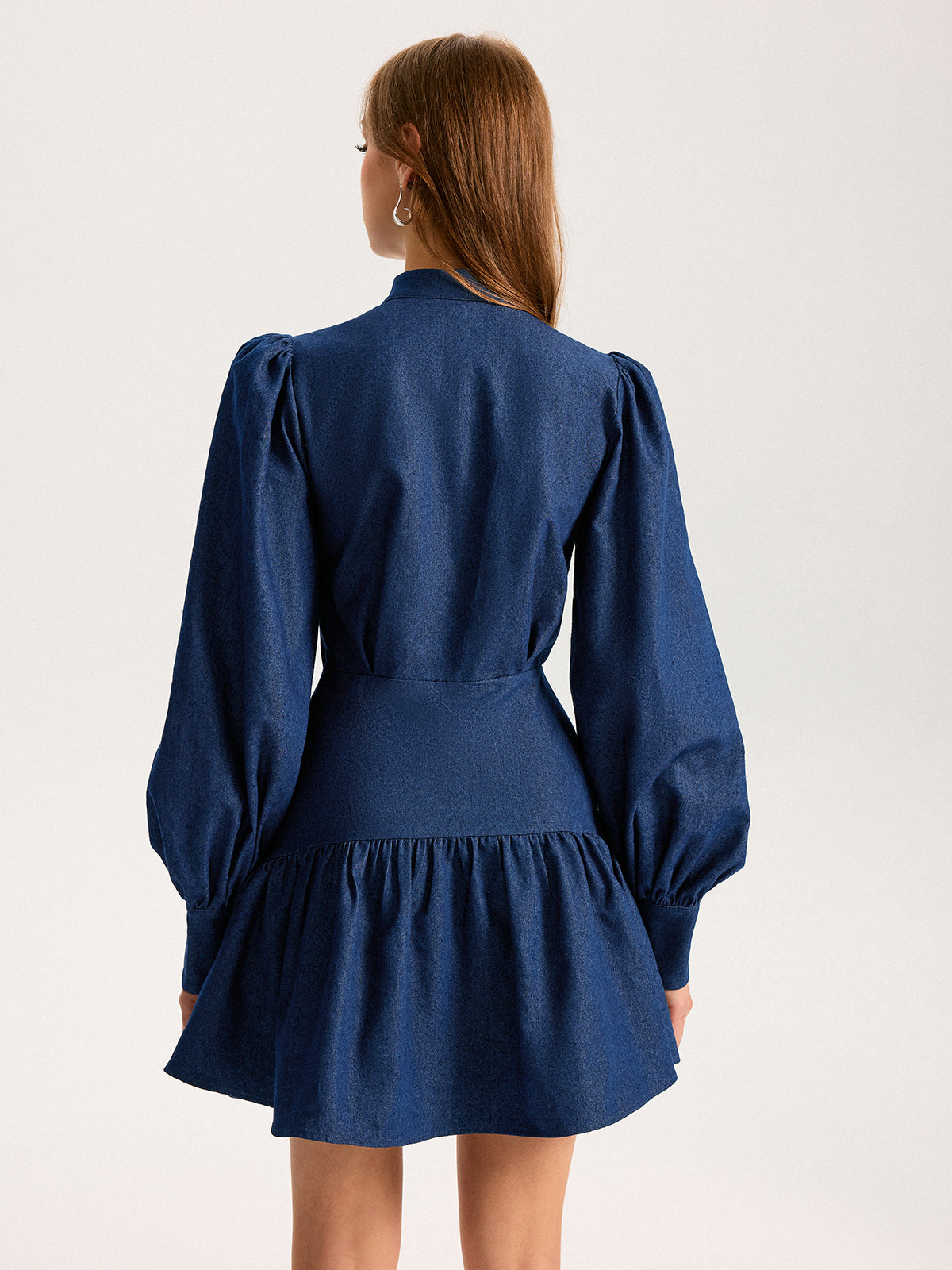 Denim Stand Collar Puff Sleeve Mini Dress