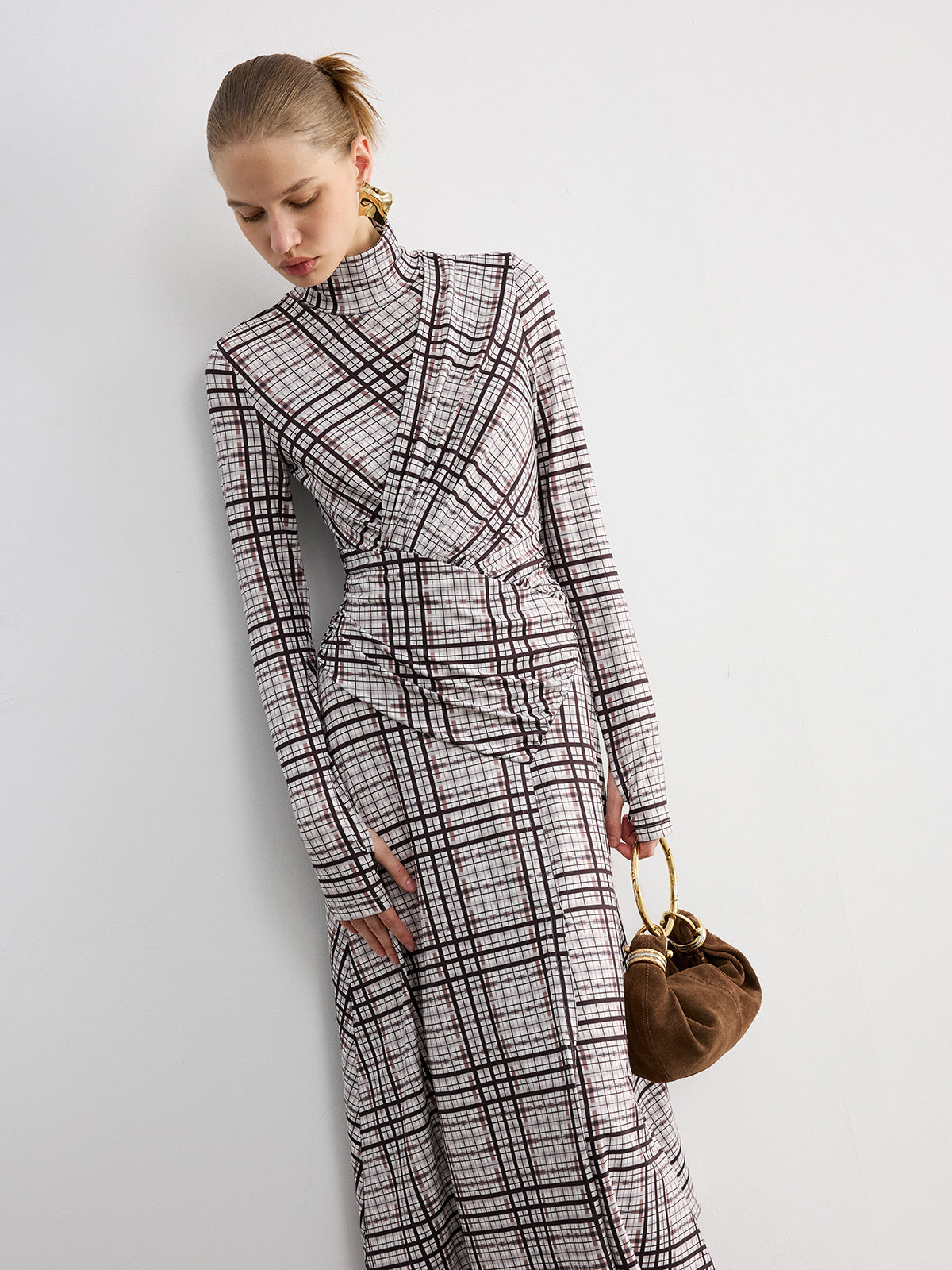 Checked Long-Sleeve Mock Neck Maxi Dress