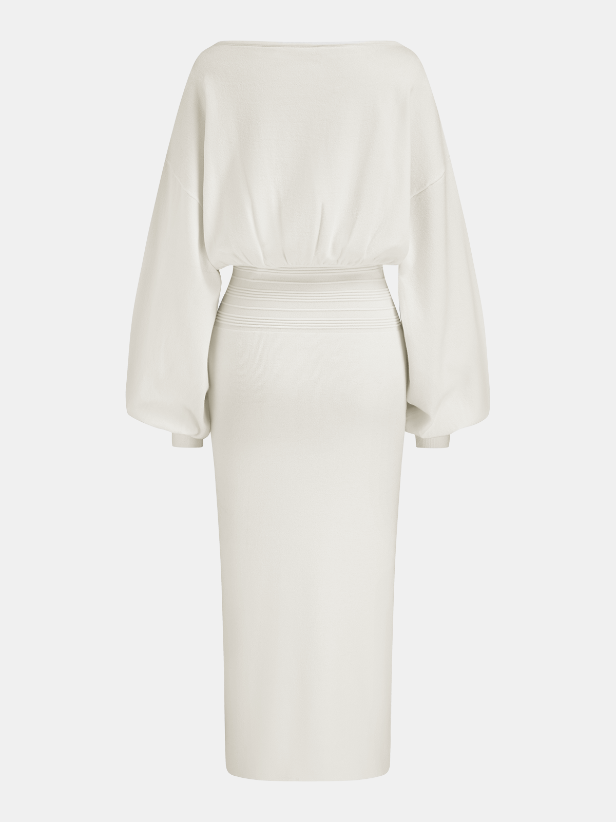 Waist-Defined Balloon-Sleeve Knit Midi Dress