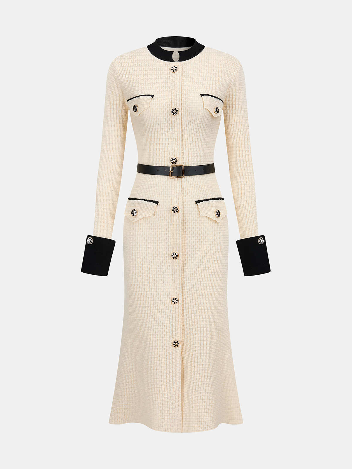 Contrast-Trim Button-Front Midi Dress with Belt