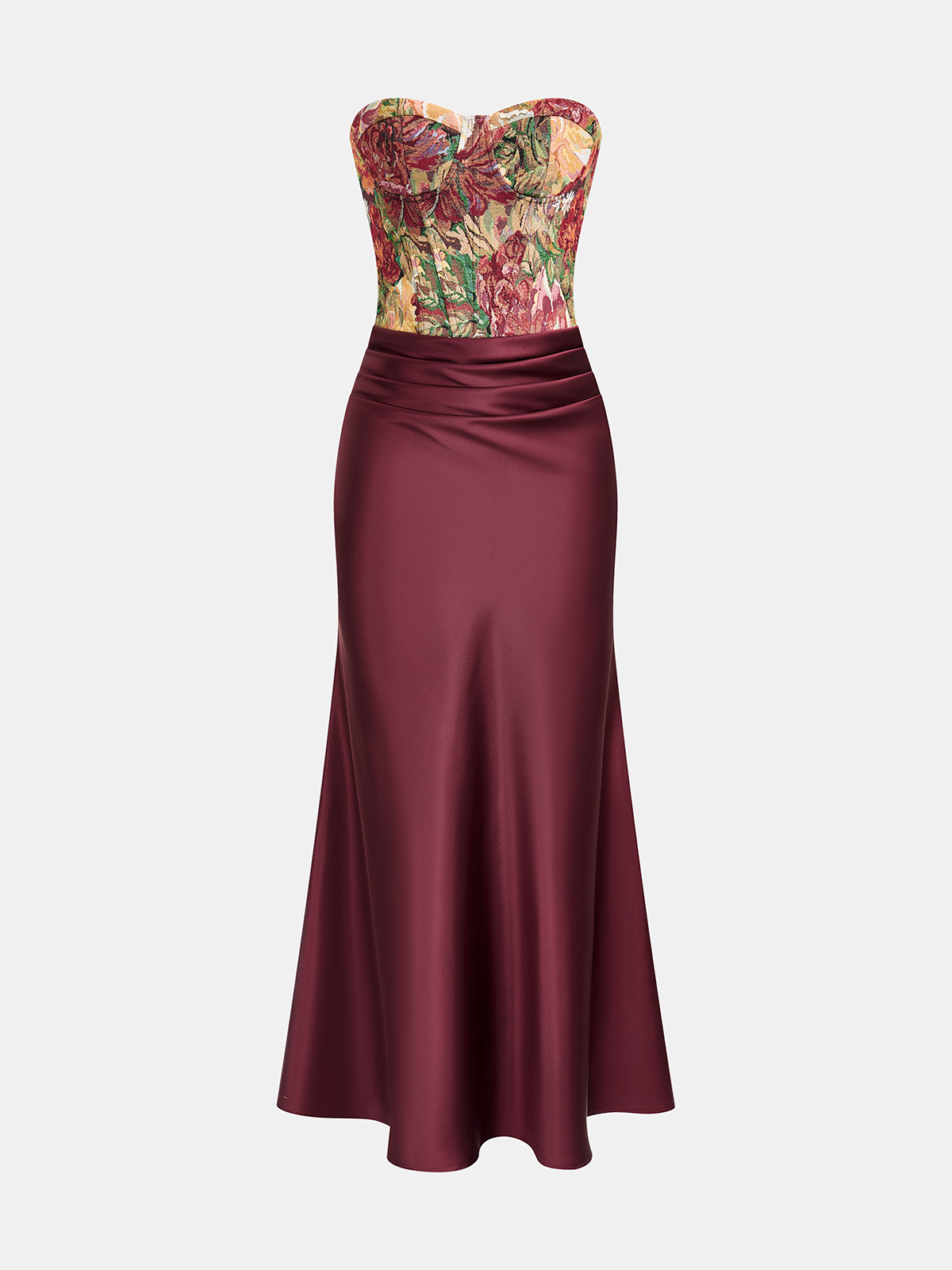 Satin Skirt Panel Floral Corset Maxi Dress