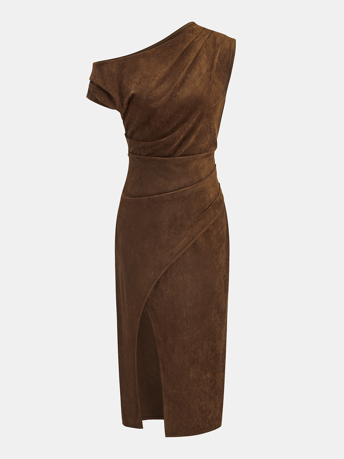 Brown One Shoulder Ruched Midi Dress – Elegant Party Dress