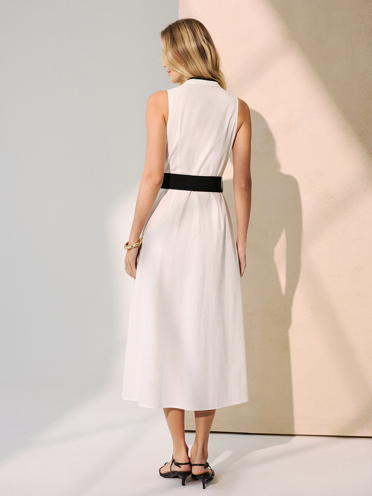 Belted Contrast Trim Cotton Sleeveless Maxi Dress