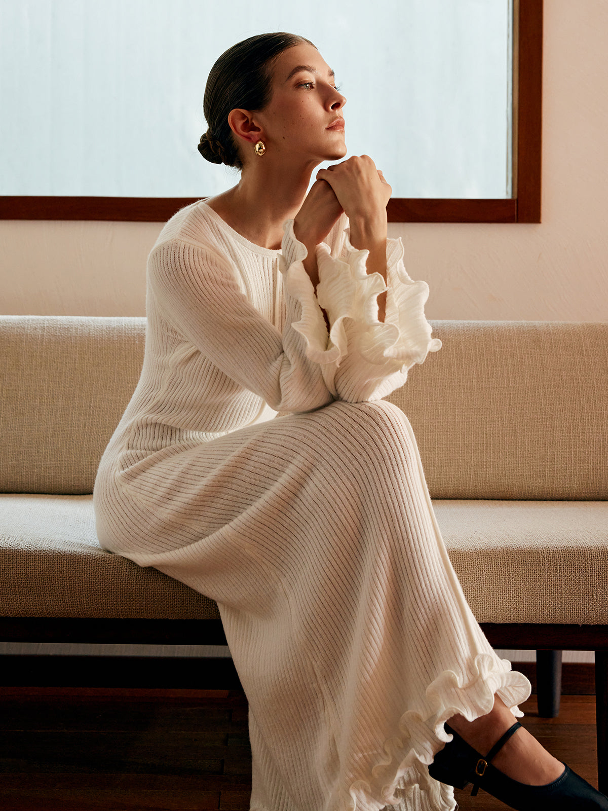 Semi-Sheer Piping Ruffle Drawstring Knit Dress