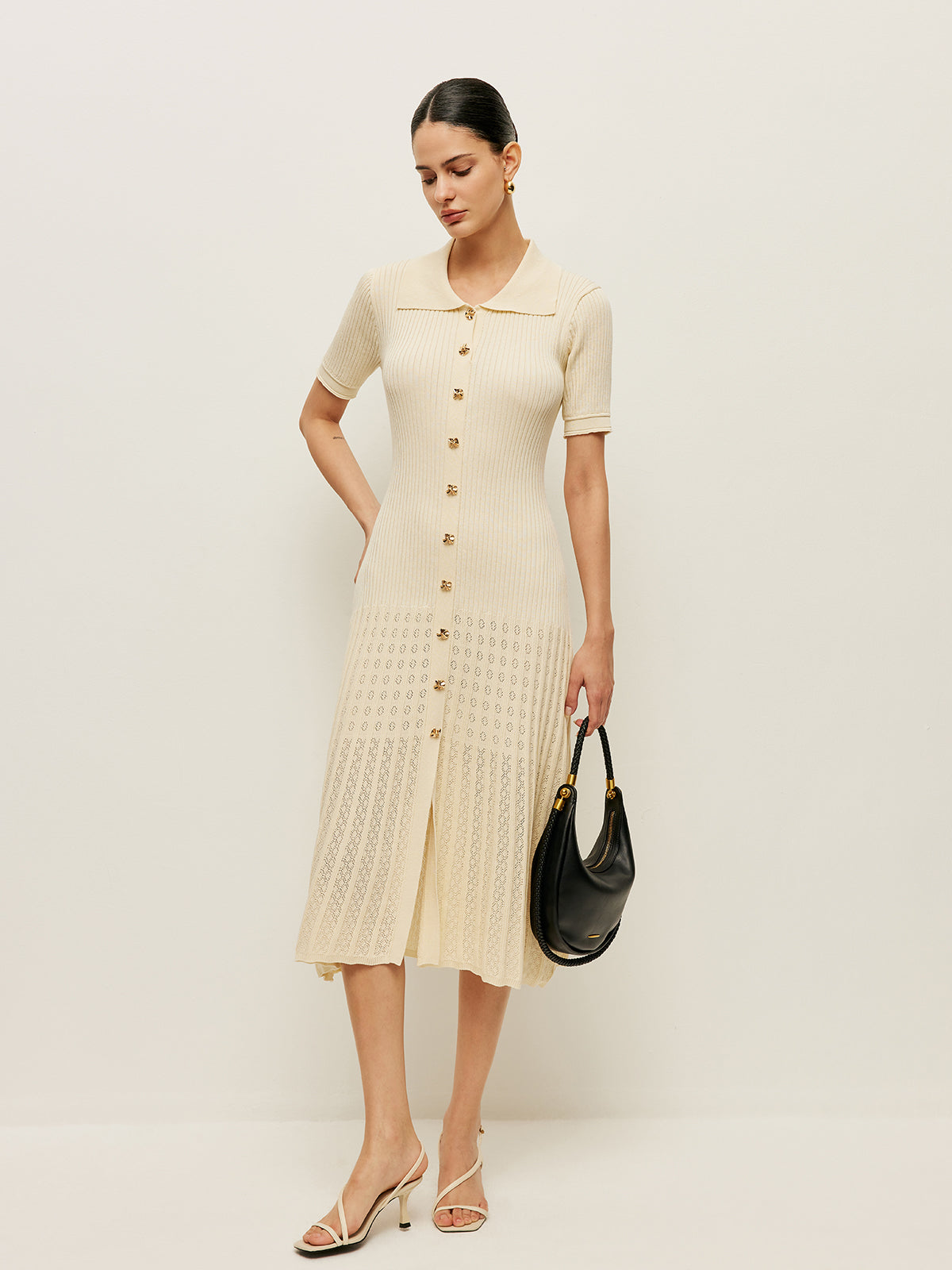 Knit Hollow Buttoned Polo Dress