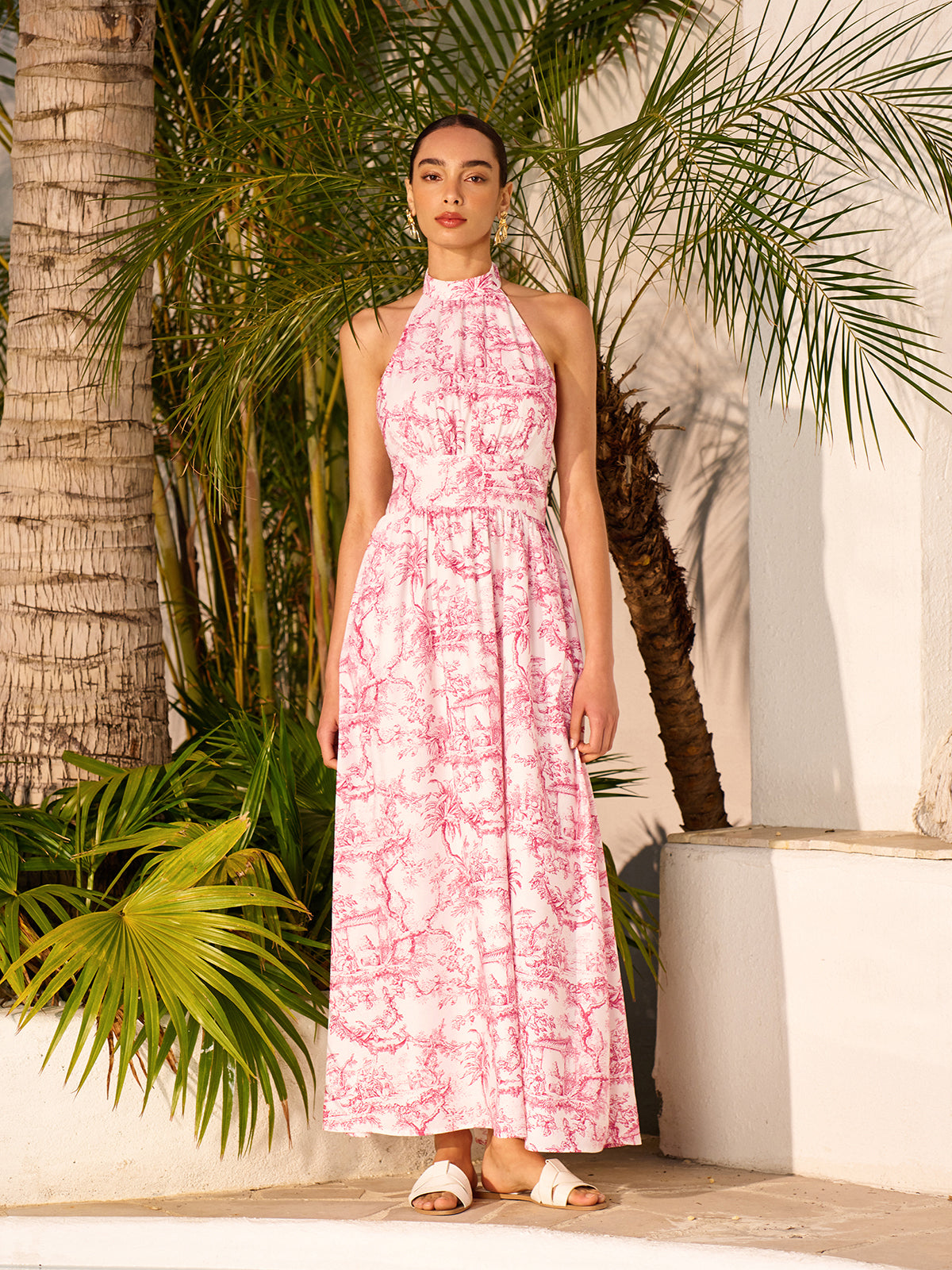 Halter Neck Printed Backless Dress With Pockets