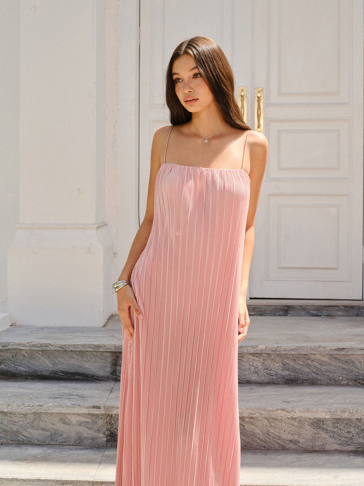 Spaghetti-Strapped Vertical-Pleated Maxi Dress
