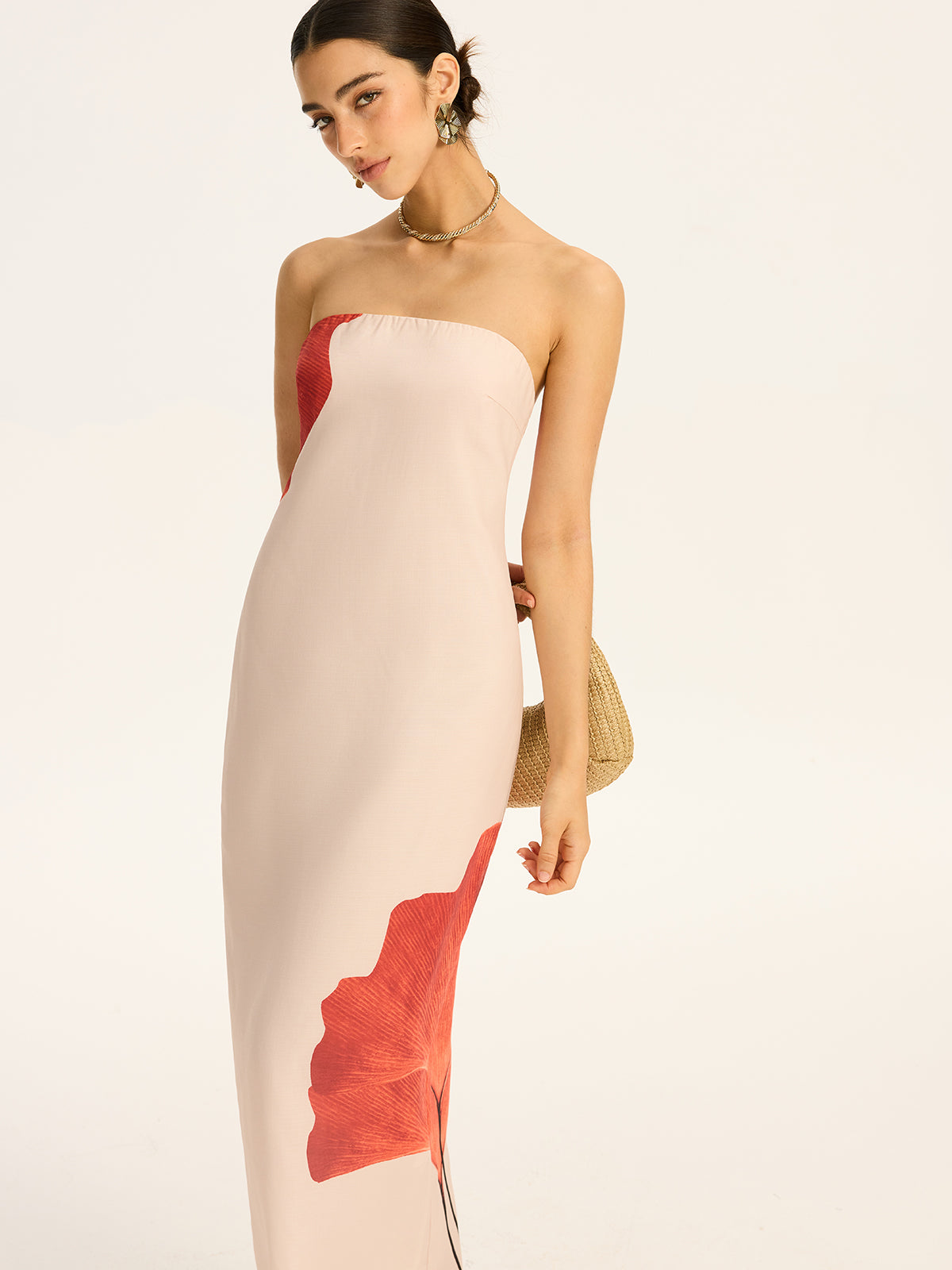 Strapless Printed Maxi Dress with Back Bow and Slit