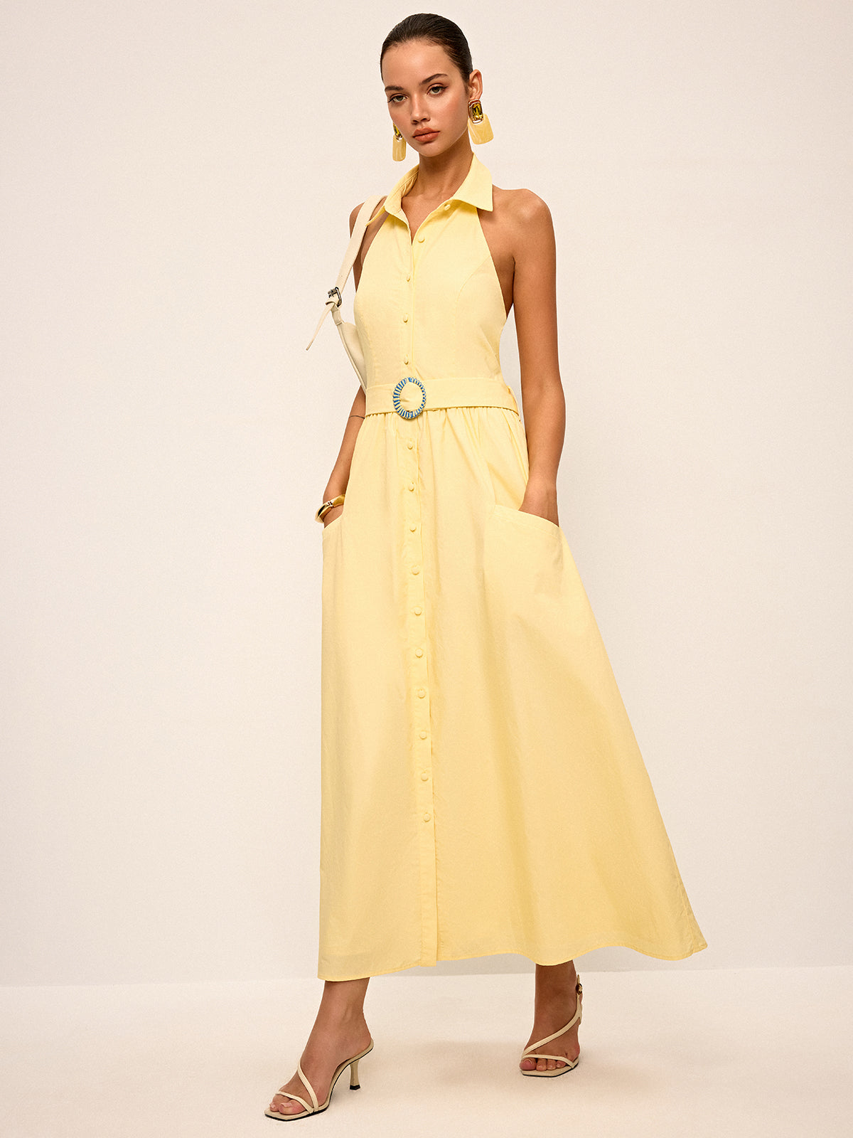 Halter Neck Backless Shirt Dress with Belt