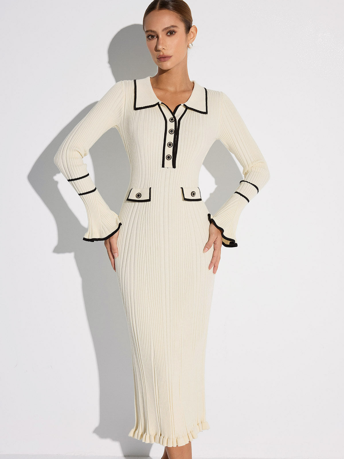 Contrast Trim Buttoned Ribbed Sweater Dress