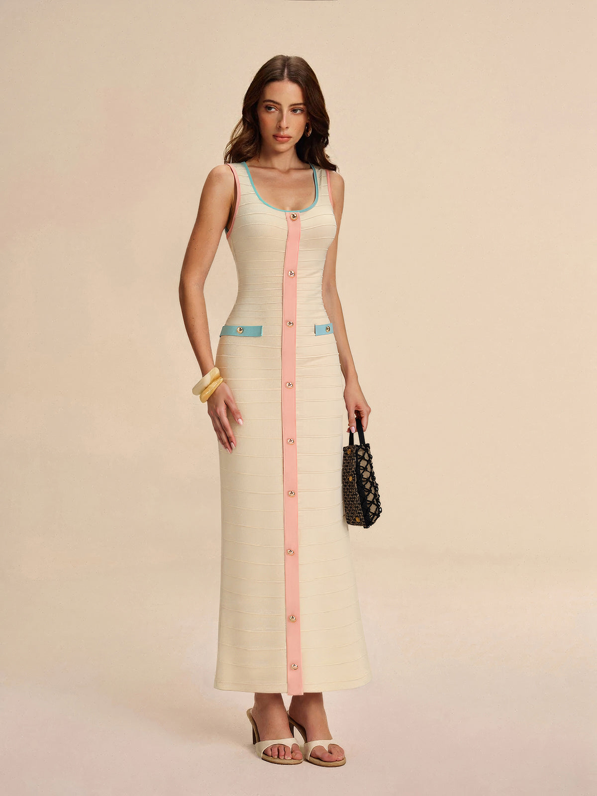 Color-Block Knit Midi Dress with Decor Button