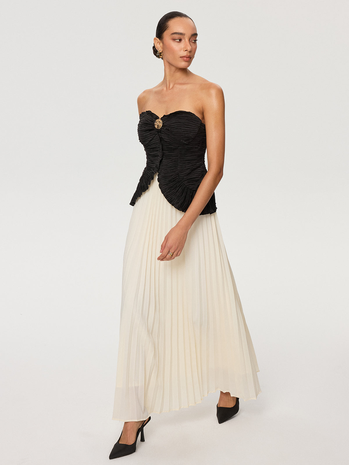 Color-Block Strapless Pleated Chiffon Maxi Dress