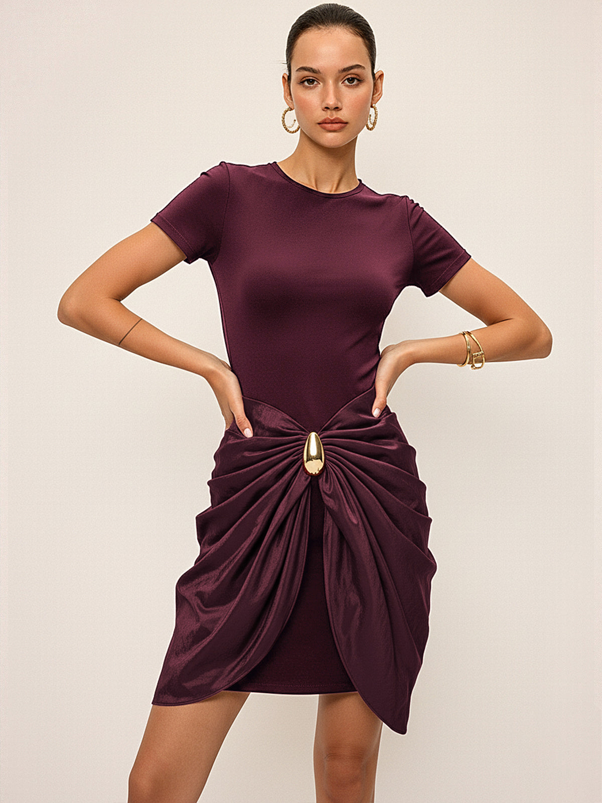 Short Sleeve Ruched Metal Buckle Dress