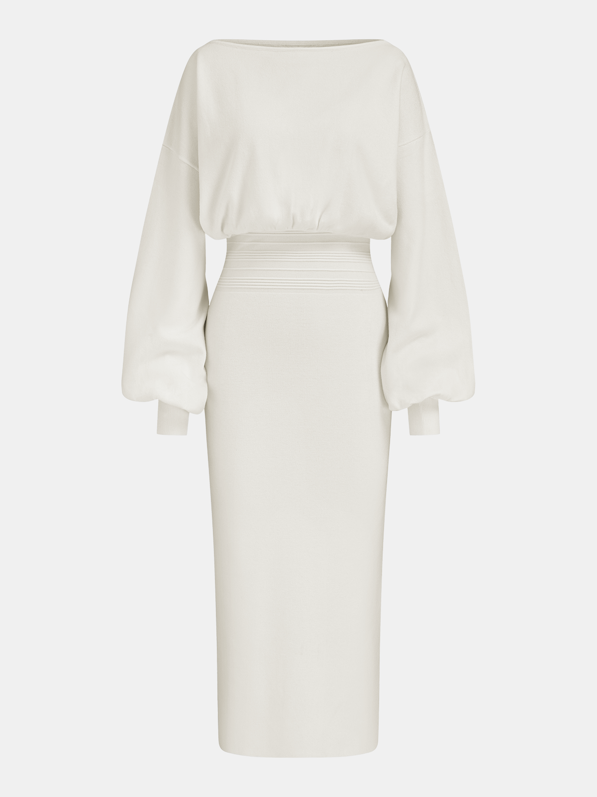 Waist-Defined Balloon-Sleeve Knit Midi Dress